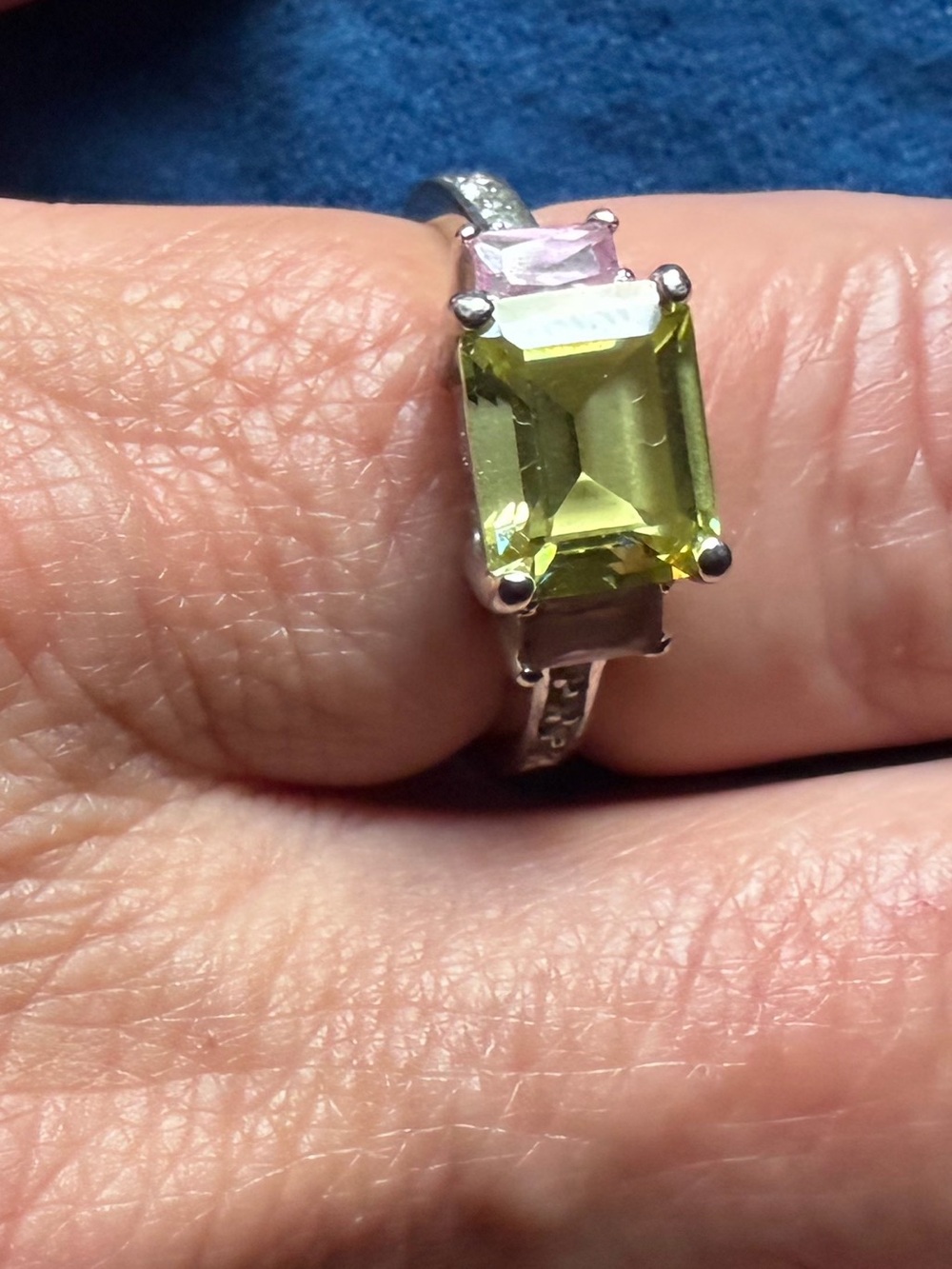 Sterling Silver Lemon Green/Yellow & Pink Gemstone Ring sz 10 Vintage
